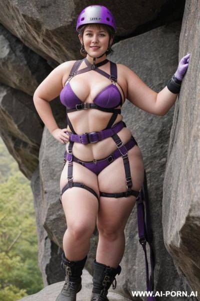 Chubby female, wearing purple rock climbing belt harness with wide straps, helmet, no clothes - ai-porn.ai on pornintellect.com