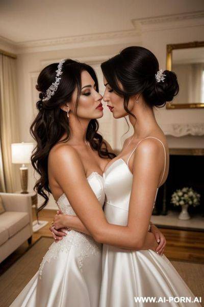 A photorealistic image of a gorgeous woman with her woman in wedding dresses in the living room kissing each other - ai-porn.ai on pornintellect.com