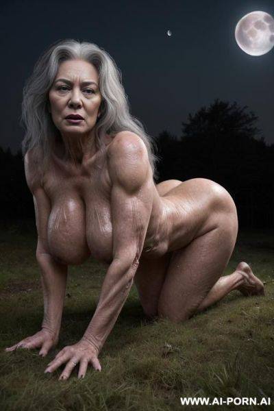 Night (very dark night), coniferous forest (forest in the night is dark and scary), bright full moon on the dark sky ((red moon very realistic), aged woman on all fours pose ((on all fours - ai-porn.ai on pornintellect.com