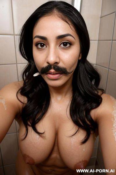 Two lesbian milfs with a mustache wearing only a hijab with hairy pussy and hairy armpits taking a shower together - ai-porn.ai on pornintellect.com