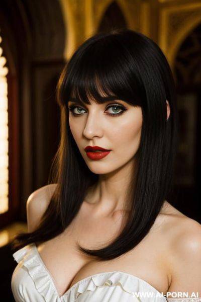 Goth eye contact red lipstick, very long hair, white gorgeous cacked woman , round soft face , sexy pretty body, wearing lace seethough lace off-shoulder lace ruffle cut out - ai-porn.ai on pornintellect.com
