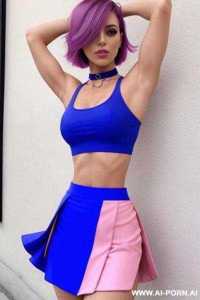 Neutral_standing_position, (fitness woman), ((blue skirt)), (multi-colored crop top)), (choker) - ai-porn.ai on pornintellect.com