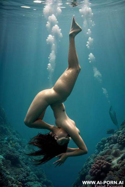 Diver is desscending (upside down), deep underwater, tits pop up, hands ford (((most realistic photo))), side view - ai-porn.ai on pornintellect.com
