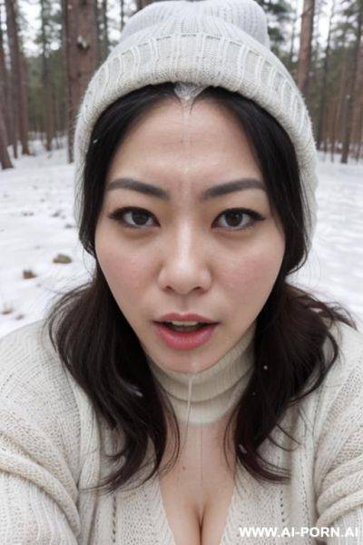 (((covered in a lot of cum))) cum dripping off of face, straight face, white knitted hat, turtleneck gray sweater, hands on chin, forest, snow is falling, full shot view, front view - ai-porn.ai on pornintellect.com