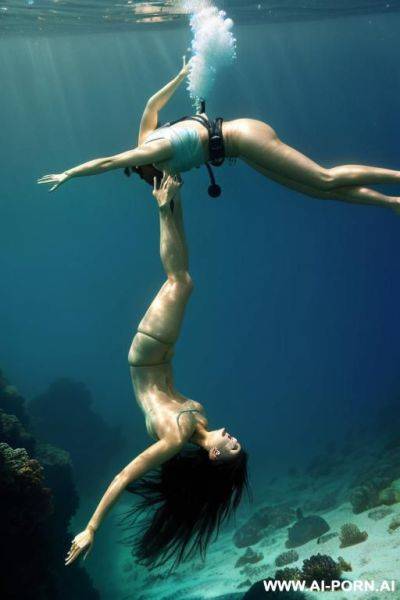 Diver is descending (upside down), deep underwater, hands ford (((most realistic photo))), side view - ai-porn.ai on pornintellect.com