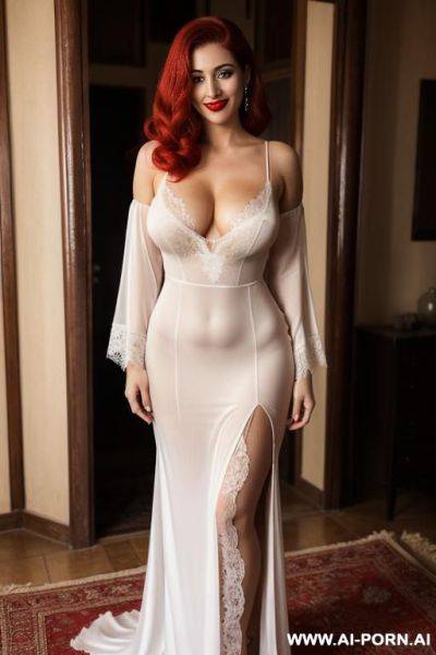 Red lipstick, very long hair, white gorgeous cacked woman , round soft face , sexy pretty body, wearing set women sexy lace patchwork slit maxi move silk nightgown - ai-porn.ai on pornintellect.com