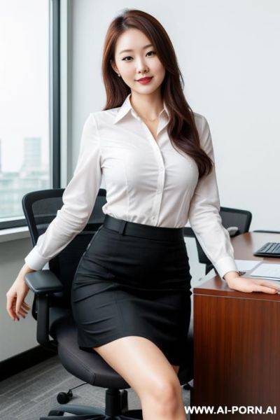 Boss office, skirt down to thigh, looking at camera, keep face, sitting, keep face, keep face - ai-porn.ai on pornintellect.com