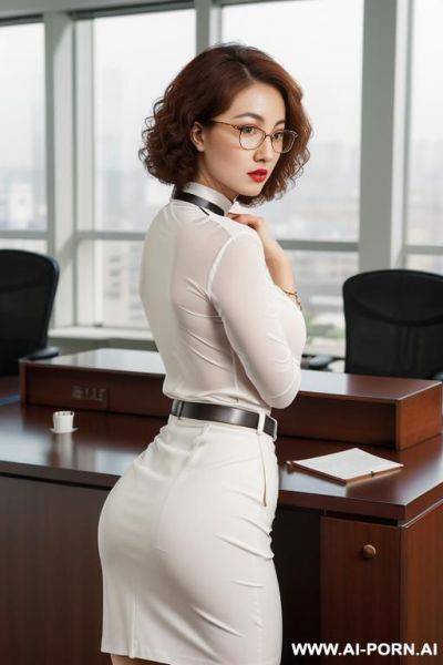 (round glasses), (short hair), (curly hair), (white skin), (cloths on), (librarian), (office skirt), (choker), (sexy) - ai-porn.ai on pornintellect.com