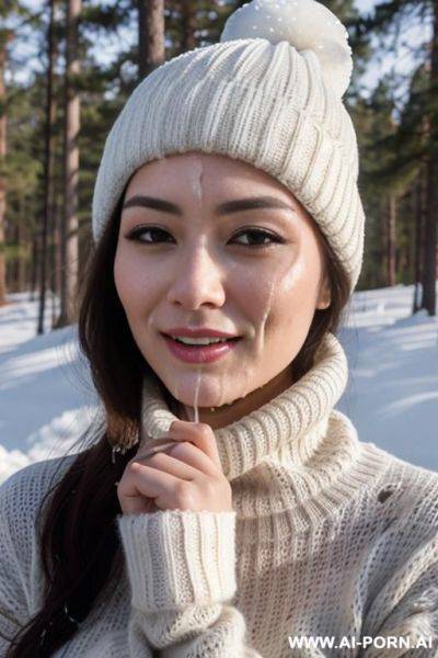 (((covered in a lot of cum))) cum dripping off of face, straight face, white knitted hat, turtleneck gray sweater, hands on chin, forest, snow is falling - ai-porn.ai on pornintellect.com