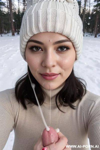 (((covered in a lot of cum))) cum dripping off of face, straight face, white knitted hat, turtleneck gray sweater, hands on chin, forest, snow is falling, selfie - ai-porn.ai on pornintellect.com