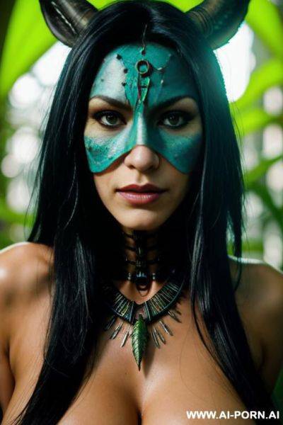 (close up) (cyberpunk shaman woman) (shaman mask) (digital jungle) - ai-porn.ai on pornintellect.com