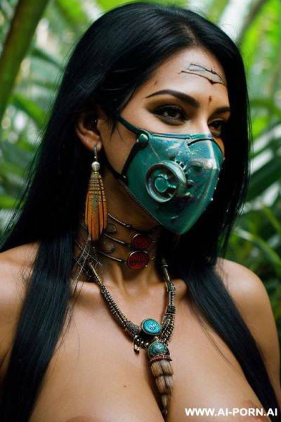 (close up) (cyberpunk shaman woman) (shaman full face mask) (digital jungle) - ai-porn.ai on pornintellect.com
