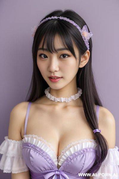 Idol, staring, lace headband, frilly idol costumes, with collar, pastel purple, hands on chin, studio - ai-porn.ai on pornintellect.com