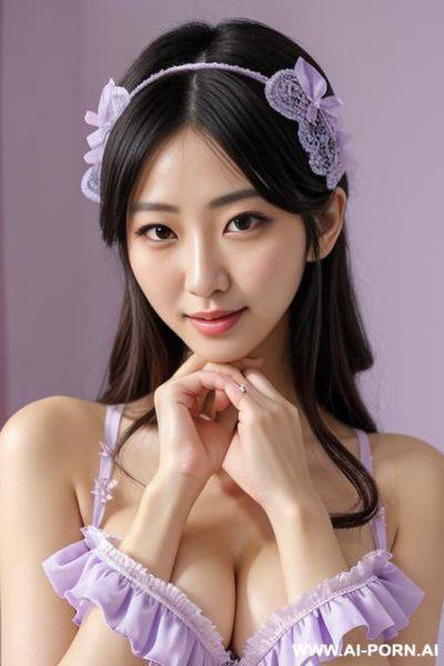 Idol, staring, lace headband, frilly idol costumes, no cleavage, pastel purple, hands on chin, studio - ai-porn.ai on pornintellect.com