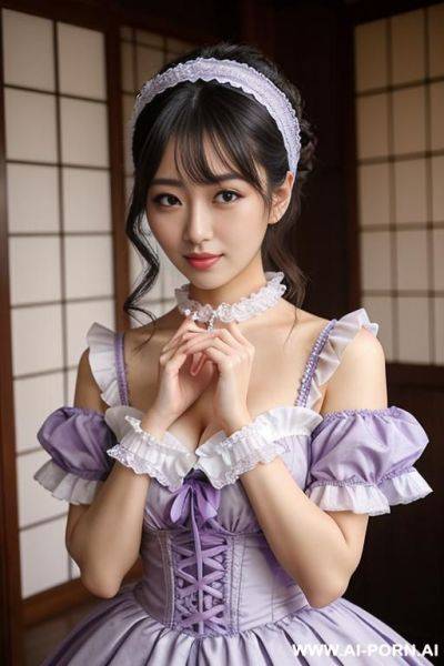 Idol, staring, lace headband, frilly idol costumes, with collar, puff sleeves, pastel purple, hands on chin, studio - ai-porn.ai on pornintellect.com