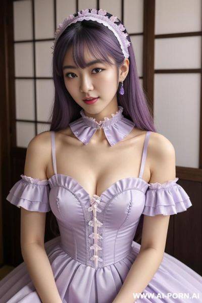 Idol, staring, lace headband, frilly idol costumes, high neck, with collar, pastel purple, hands on chin, studio - ai-porn.ai on pornintellect.com