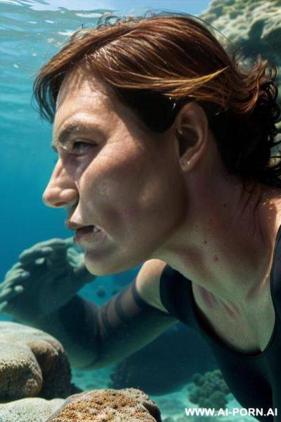 Dives to the depth of the sea, hands ford (((most realistic photo))), side view - ai-porn.ai on pornintellect.com