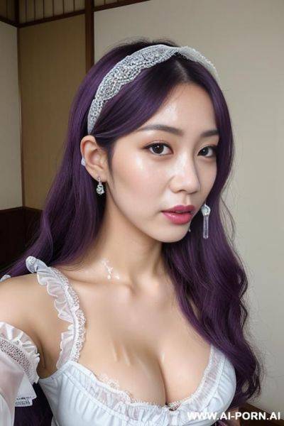Cum shot, (((covered in a lot of cum))) cum dripping off of face, idol, staring, lace headband, idol, staring, lace headband, frilly blouse, puff sleeves, pastel purple, hands on chin, studio, selfie - ai-porn.ai on pornintellect.com