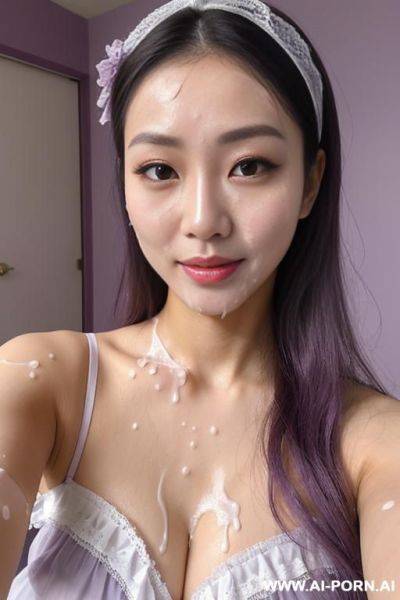 Cum shot, (((covered in a lot of cum))) cum dripping off of face, idol, staring, lace headband, frilly blouse, pastel purple, hands on chin, studio, selfie - ai-porn.ai on pornintellect.com