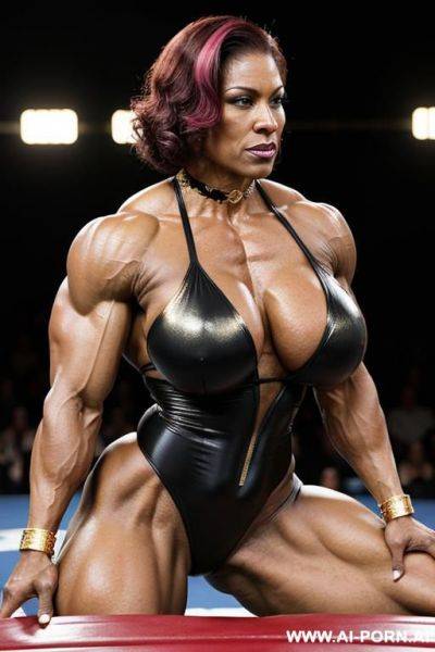 Mma gloves, gold bodysuit, gold clothes, gold swimsuit, choker, waist shot - ai-porn.ai on pornintellect.com