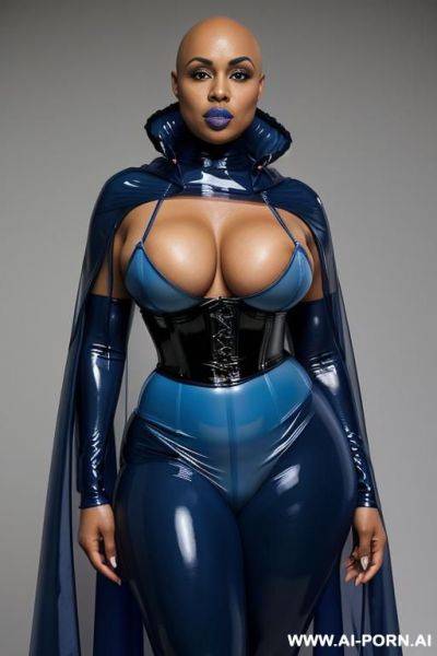 A eboby woman with bald head and blue lips wearing a transparent blue latex corset and a transparent blue latex hoodcape. - ai-porn.ai on pornintellect.com