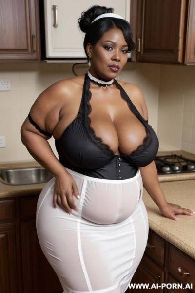 Obese matured very old black gilf, very fat, very large hips, very plump, extra thicc, wrinkles, wrinkled skin, aging marks, hair bun, french maid outfit, french maid, maid, soubrette, extremely gigantic boobs, choker, perfect eyes, kitchen, waist shot - ai-porn.ai - France on pornintellect.com