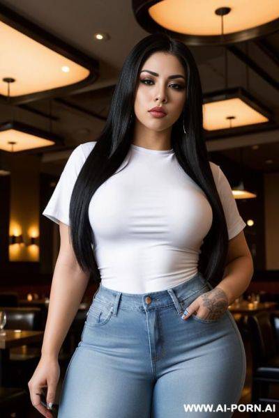 Super , mexican, chola style, gangster rapper, tight white shirt, tight high rise jeans, very wide hips, hourglass shaped - ai-porn.ai - Mexico on pornintellect.com