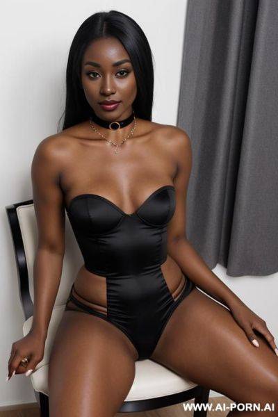 Thick thighs, wide hips, thick lips, thick choker, long black hair, black lipstick, showing pussy, leaning back, no panties, no bra, - ai-porn.ai on pornintellect.com