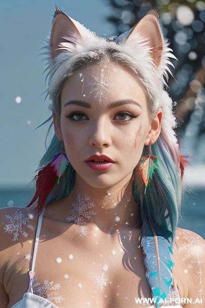 Face, sexy, beautiful, ((face painting)), ((bikini as seashell)), ((tattoo roses)), ((eyes shw)), ((angel wings)), ((rainbow hair)), ((long bu hair)), ((wind)), (( cat face)), (( cat ears)), (((feather - ai-porn.ai on pornintellect.com