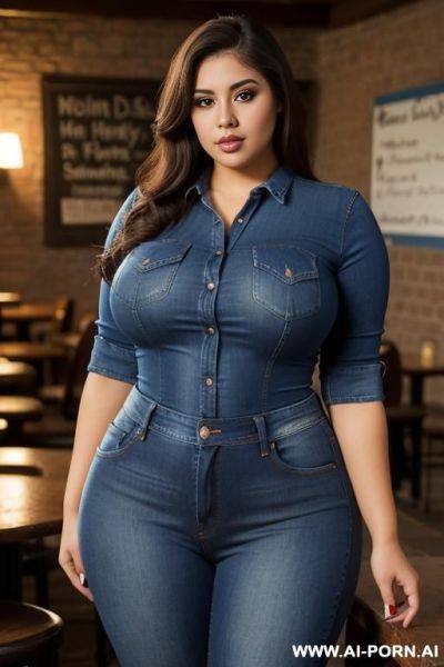 Very , mexican, pear shaped, wide, tight blue shirt, high rise jeans, hourglass figure, extra thicc - ai-porn.ai - Mexico on pornintellect.com