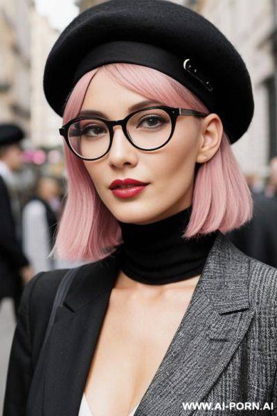 Her hair is two-tone, with pink on the left and black on the right.she wears round glasses.she wears a black beret. - ai-porn.ai on pornintellect.com