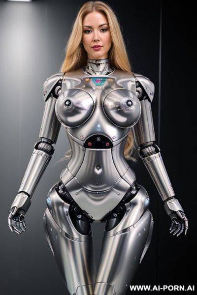 Sexy robo cop, full body view, long blonde hair, (pretty face, fully metallic robotic body, robotic parts and diodes visible inside belly, fit body, shapely body, huge firm robotic tits:1.2) - ai-porn.ai on pornintellect.com