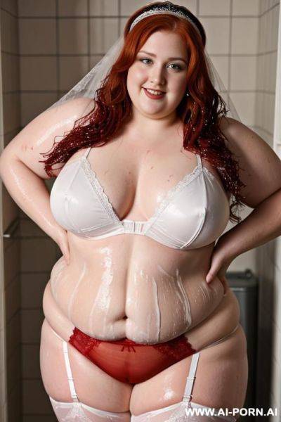 Half-length photo, ((half body photo shot close up)). as a set in the laundry area, a ((obese)) fat chubby fat thick and bbw redhead british, ((she is washing clothes and is soaked in foamy - ai-porn.ai - Britain on pornintellect.com