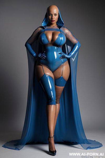 A eboby woman with bald head and blue lips wearing a transparent blue latex eveningdress and a transparent blue latex hoodcape. - ai-porn.ai on pornintellect.com