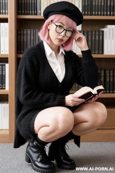 Japanese woman.her hair is two-tone, with pink on the left and black on the right.she wears round glasses.she wears a black beret.her left eye is black.her right eye is pink.she is reading in - ai-porn.ai - Japan on pornintellect.com