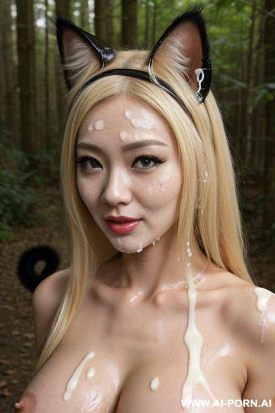 Cosplay, staring, blonde, cat ear headband, leather anime costumes, facial cumshot, (((covered in a lot of cum))) cum dripping off of face, lot of cum, meow meow pose, forest - ai-porn.ai on pornintellect.com