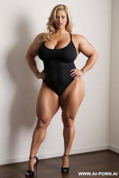 A fully naked beautiful woman standing, thick thighs, massive thighs, massive muscled bulked up legs, obese thighs, blonde hair - ai-porn.ai on pornintellect.com