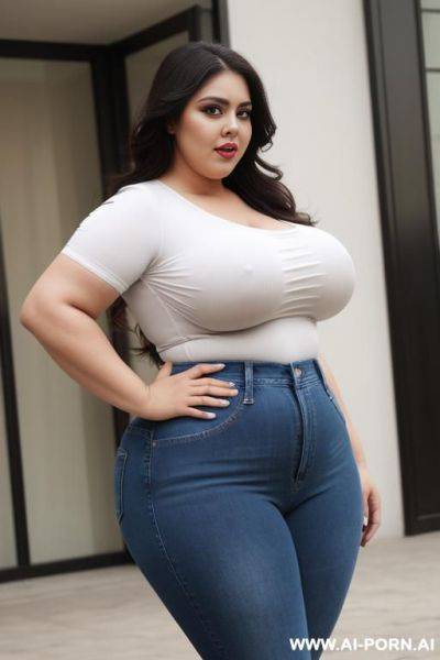 Very obese but proportionate, mexican, big eyes, huge hips, hourglass figure, , tight shirt, high rise jeans, pear shaped, excited - ai-porn.ai - Mexico on pornintellect.com