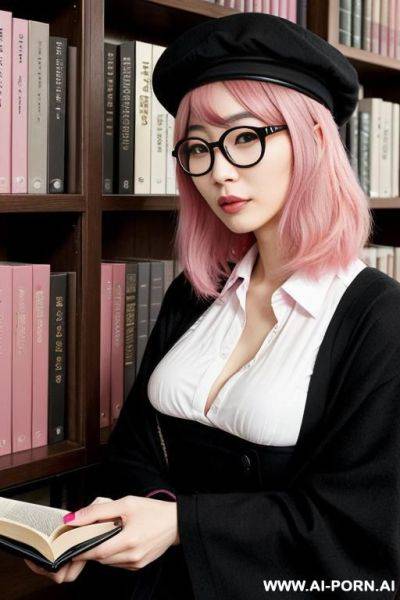 Japanese woman.her hair is two-tone, with pink on the left and black on the right.she wears round glasses.she wears a black beret.her left eye is black.her right eye is pink.she is reading in the library. - ai-porn.ai - Japan on pornintellect.com