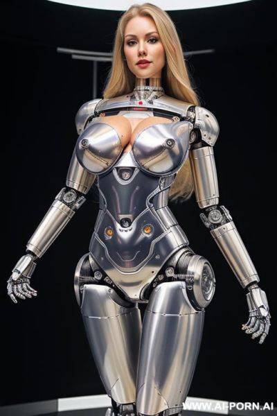 Sexy robo cop, full body view, long blonde hair, (pretty face, fully metallic robotic body, robotic parts and diodes visible inside belly, fit body, shapely body, huge firm robotic tits:1.2) - ai-porn.ai on pornintellect.com