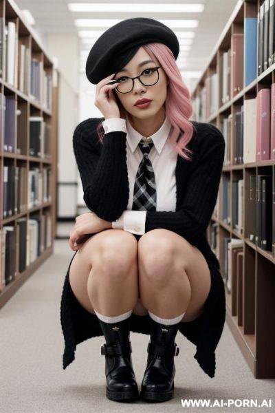 Japanese model woman.her hair is two-tone, with pink on the left and black on the right.she wears round glasses.she wears a black beret.her left eye is black.her right eye is pink.she is - ai-porn.ai - Japan on pornintellect.com