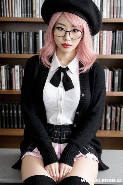 Japanese model woman.her hair is two-tone, with pink on the left and black on the right.she wears round glasses.she wears a black beret.her left eye is black.her right eye is pink.she is - ai-porn.ai - Japan on pornintellect.com