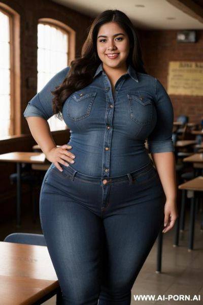 Very , mexican, pear shaped, wide, tight blue shirt, high rise jeans, hourglass figure, extra thicc, huge - ai-porn.ai - Mexico on pornintellect.com