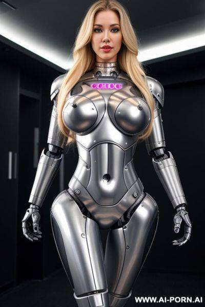 Sexy robo cop, full body view, long blonde hair, pretty face, fully metallic robotic body, robotic parts and diodes visible inside belly, fit body, shapely body, huge firm robotic tits - ai-porn.ai on pornintellect.com