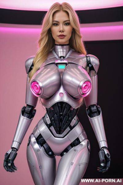 Sexy robo cop, full body view, long blonde hair, (pretty face, fully pink robotic body, power supply visible inside chest, fit body, shapely body, huge firm robotic tits:1.2) - ai-porn.ai on pornintellect.com