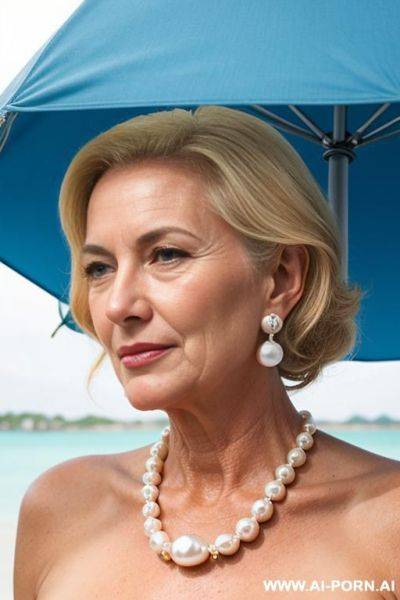 Blonde woman sex old fart man. under the umbrella sea.earrings and pearl necklace.front view.gy style - ai-porn.ai on pornintellect.com