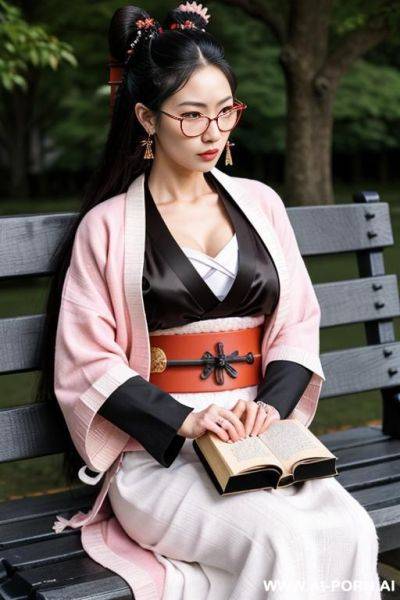 A japanese woman with medium-long hair and round glasses is reading a book on a park bench with a serious expression on her face.her hairstyle is gemini hair, with the right side of her - ai-porn.ai - Japan on pornintellect.com