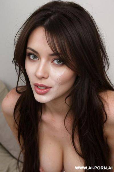1brunette covered in huge amount of cum. looking at viewer. full body shot. sexy look. long messy hair. big load of cum on face. - ai-porn.ai on pornintellect.com