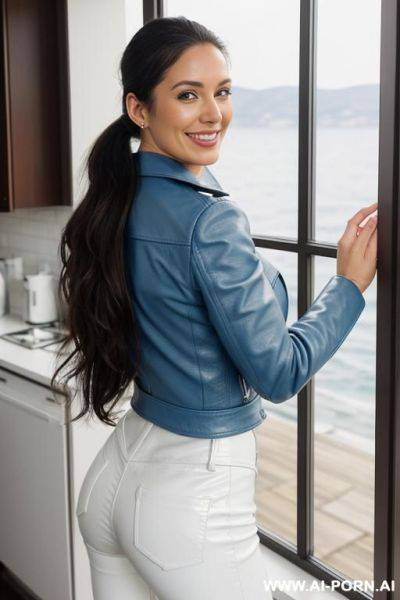 Beautiful woman, french, long wavy brunette hair, medium hight, light blue leather jacket, white leather pants, standing in a kitchen, window with sea in background, smiling, sunshine cold weather, black boots, ponytail - ai-porn.ai - France on pornintellect.com