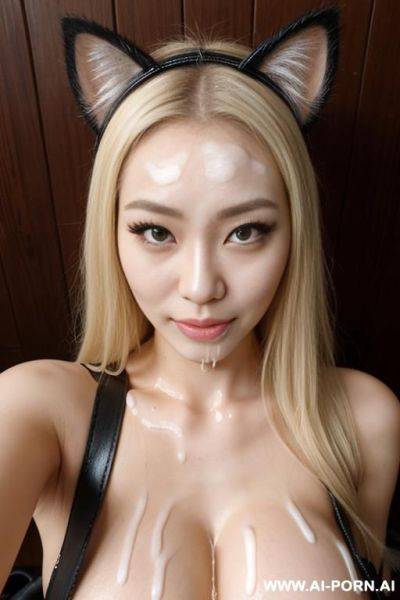 Idol, cosplay, staring, blonde, cat ear headband, leather bra, facial cumshot, (((covered in a lot of cum))) cum dripping off of face, lot of cum, meow meow pose, forest, selfie - ai-porn.ai on pornintellect.com